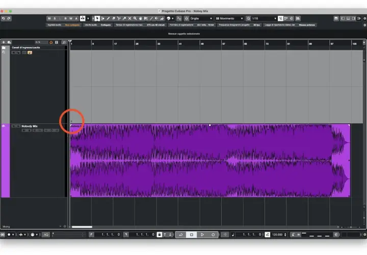Schermata di Cubase Pro con una traccia audio viola. Utile per capire la tonalità di un brano.