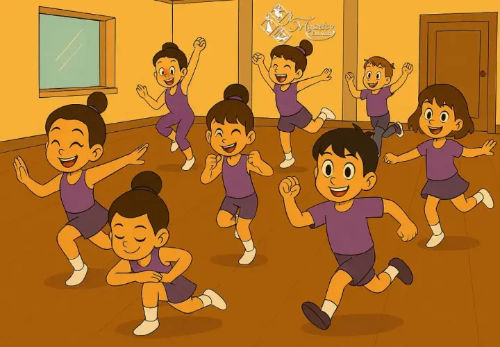 Bambini felici in un corso di danza per bambini, con braccia e gambe in movimento, sorrisi gioiosi e un'energia contagiosa.