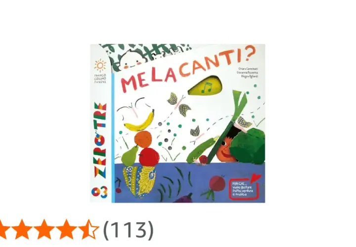 Copertina colorata di "Melacanti?", un libro con frutta, verdura e note musicali, perfetto per chi ama le canzoni orecchiabili e la natura.