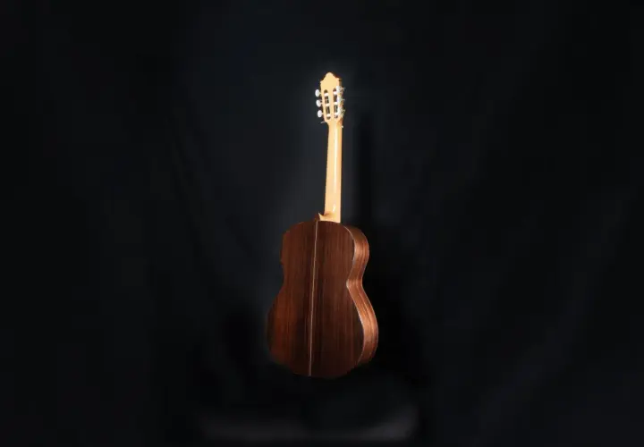 Chitarra classica in legno scuro, con manico chiaro e meccaniche dorate. Evoca le melodie di Francisco Tárrega.