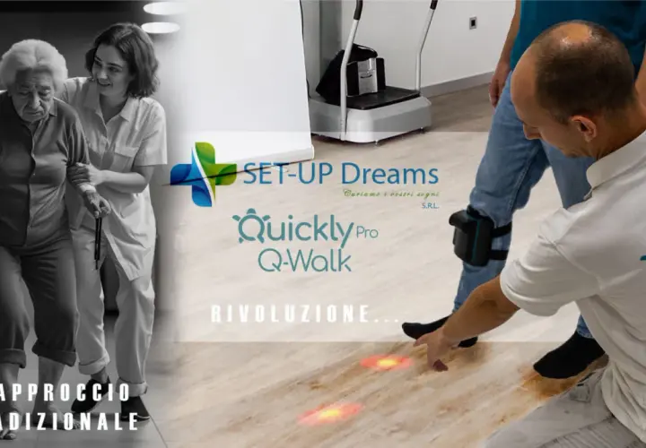 Assistenza a un anziano con bastone, mentre un terapista guida i passi base con un sistema Q-Walk.