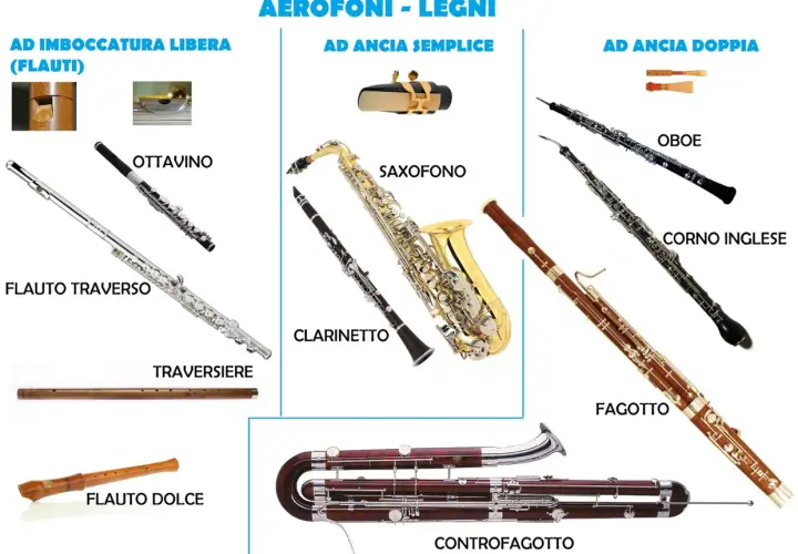 Vari strumenti a fiato in legno: flauto, clarinetto, sassofono, oboe, fagotto e controfagotto.