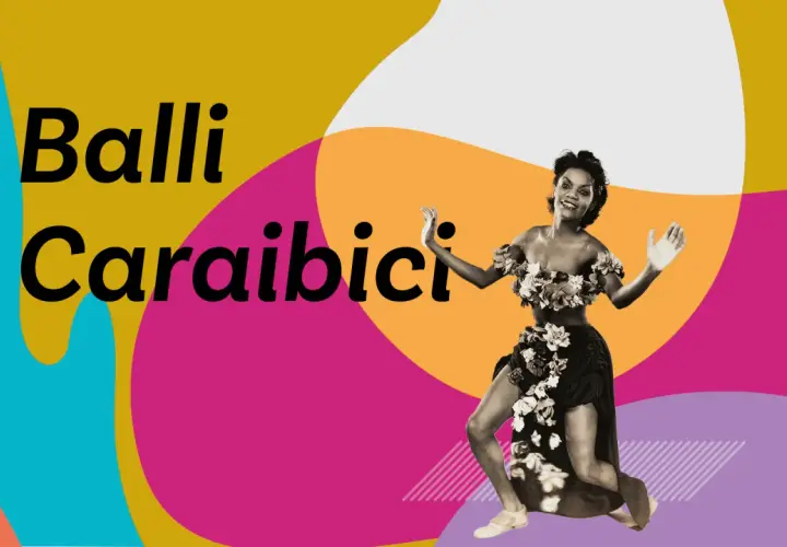 A woman in a floral top and skirt dances on a colorful background with text "Baili Caraibici".