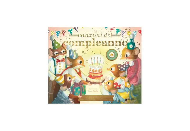 A family of mice celebrates a birthday with a cake, gifts, and party hats.