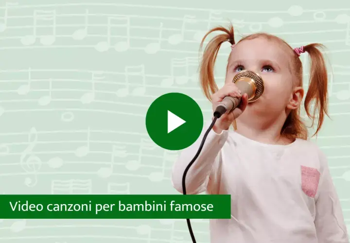 Bambina con microfono canta canzoni facili per bambini. Sfondo con note musicali.