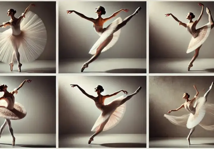 Sei ballerine in pose eleganti, che eseguono passi di danza famosi con grazia e leggerezza.
