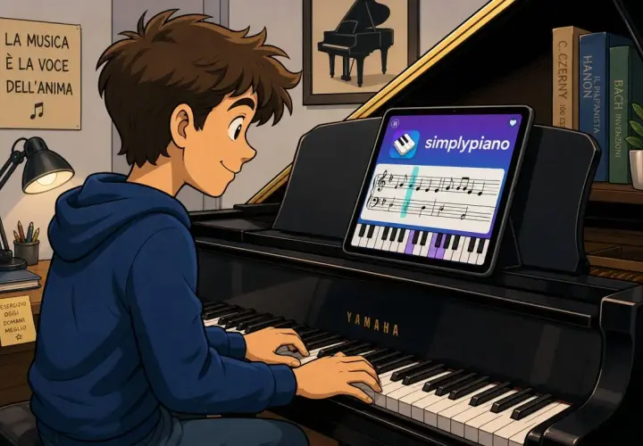 Ragazzo impara a suonare il pianoforte con un'app. Nonostante la difficoltà, la musica è la voce dell'anima.