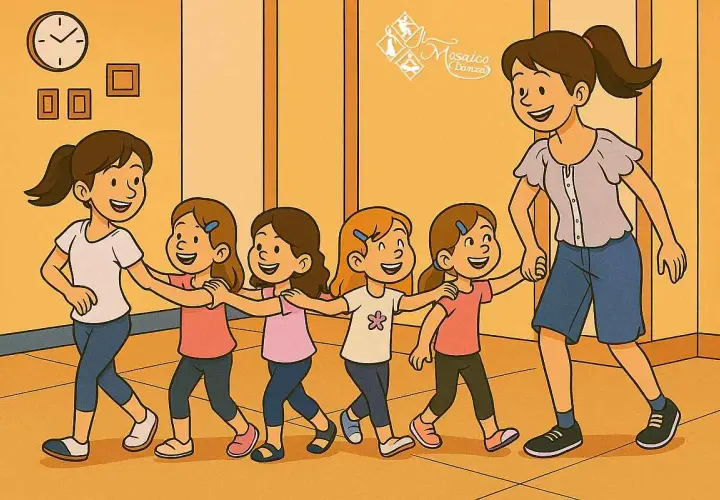 Un gruppo di bambine felici, guidate da una maestra, si esercita nella danza hip hop in una sala luminosa.