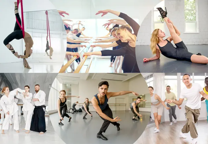 Un collage di immagini mostra diverse discipline: danza aerea, balletto, arti marziali e danza moderna. Perfetto per chi cerca corsi di ballo per adulti.