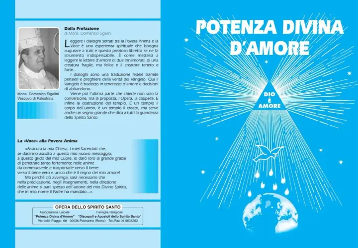 Immagine con testo "Potenza Divina d'Amore" e un disegno stilizzato. Il testo parla di dialoghi spirituali, come canzoni in 5/4, che portano alla grandezza dello Spirito Santo.