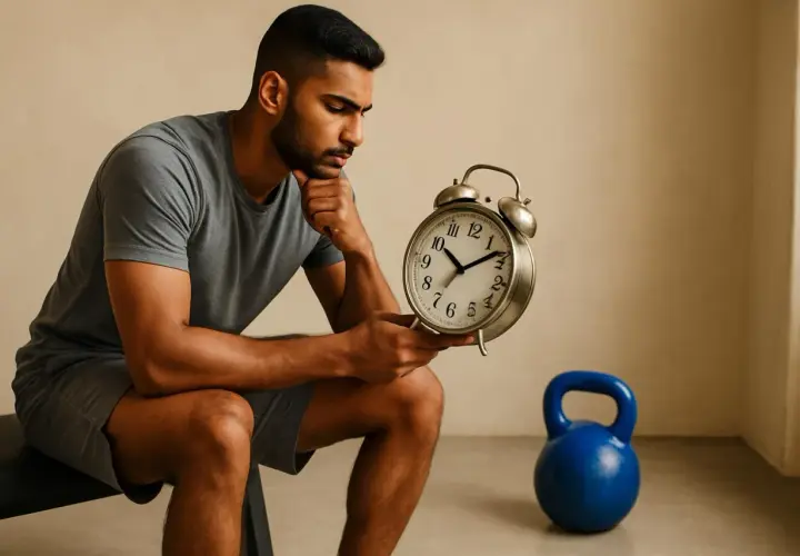 Uomo pensieroso guarda un orologio, forse chiedendosi qual è lo strumento più difficile da suonare: il tempo o la disciplina.