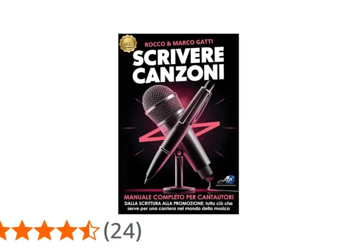 Copertina del manuale "Scrivere Canzoni" di Rocco & Marco Gatti. Un microfono e una penna incrociati su sfondo nero.