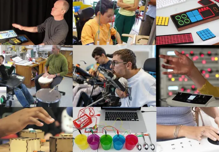 Collage di persone che utilizzano strumenti musicali adattati, dimostrando come la tecnologia possa creare strumenti musicali per disabili accessibili e inclusivi.