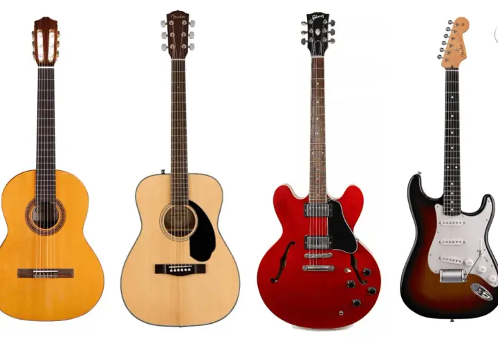 Quattro diversi tipi di chitarre: classica, acustica, semi-hollow body rossa e elettrica sunburst.