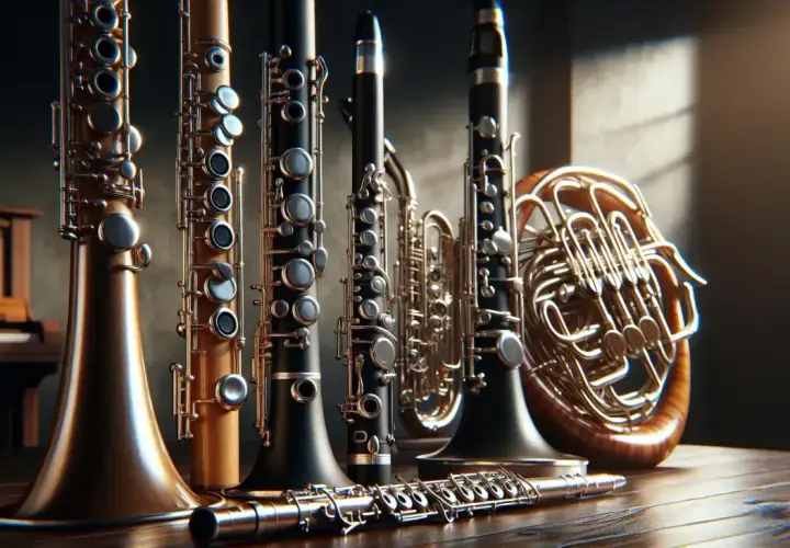 A collection of woodwind instruments, including clarinets, flutes, and a French horn, arranged on a wooden surface.