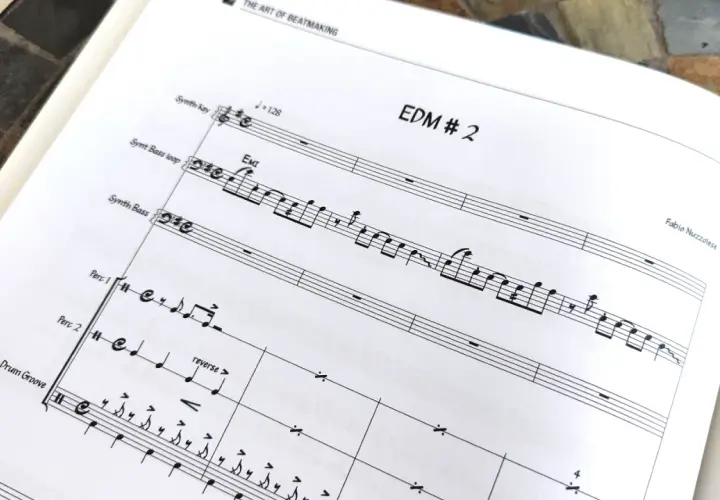 Spartito musicale con indicazioni per come comporre una melodia EDM. Si vedono linee melodiche per synth e percussioni.