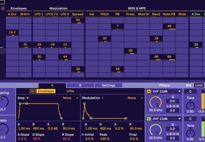 Interfaccia di un sintetizzatore con parametri di modulazione e filtri. Si percepisce il "groove" nella disposizione dei controlli e nelle curve di inviluppo.