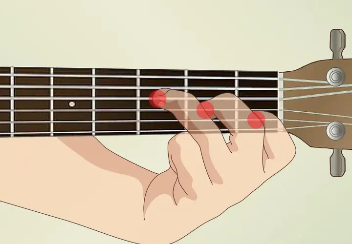 Mano che preme le corde su una chitarra, mostrando una posizione per un accordo.