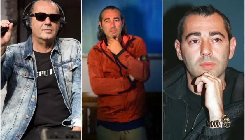 Tre immagini di un uomo con occhiali da sole e cuffie, con una giacca arancione e poi in primo piano. Sembra cantare una canzone mare mare.