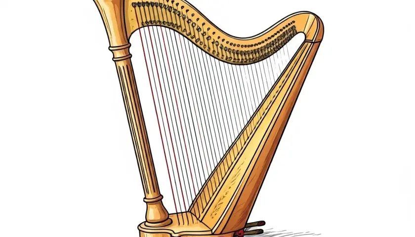 Arpa dorata, strumento musicale con molte corde. Il suo suono evoca pace e serenità, un vero **harp significato** di armonia.