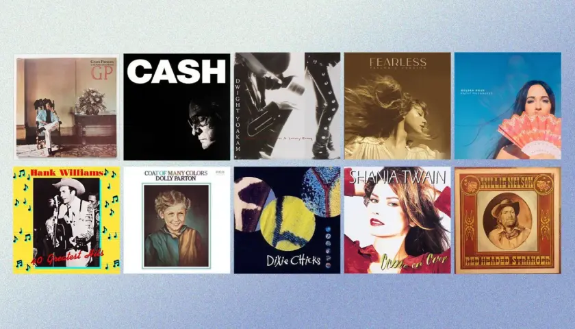 Copertine di canzoni country famose: Johnny Cash, Dolly Parton, Taylor Swift, Dixie Chicks, Hank Williams, Shania Twain, Willie Nelson.