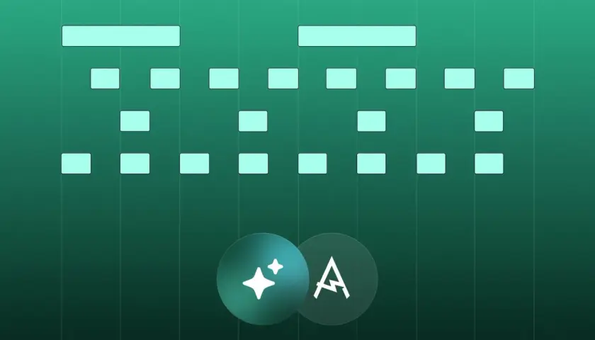 Schema musicale con blocchi luminosi che rappresentano cos'è un beat. Due cerchi con simboli, uno con stelle, l'altro con la lettera A.