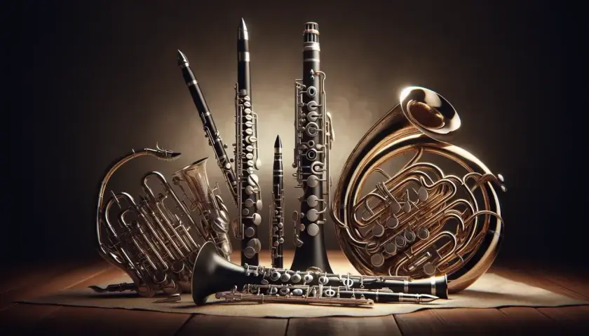Un'orchestra di strumenti a fiato: clarinetti di varie dimensioni, corni francesi lucenti e un fagotto creano un'armonia visiva.