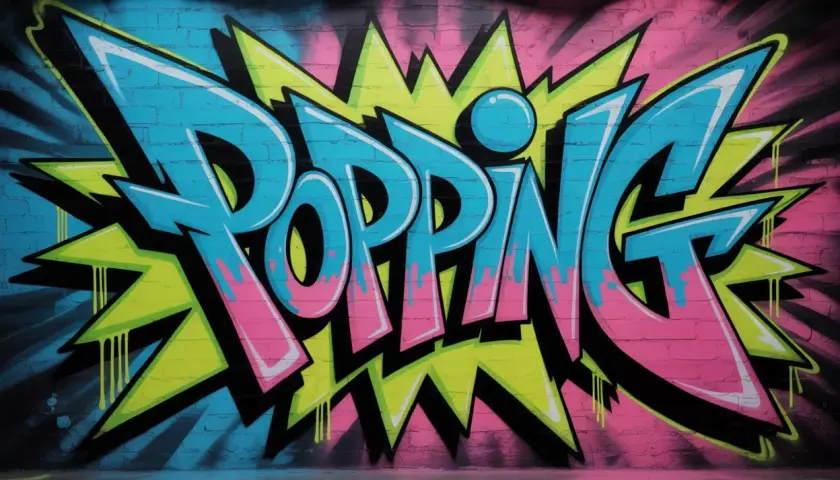 Graffiti colorato con la scritta "POPPING" in stile esplosivo, che evoca l'energia dei pop danza.