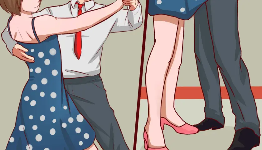 Coppia che balla, lei con abito a pois blu, lui con camicia bianca e cravatta rossa. I loro piedi eseguono eleganti passi di samba.