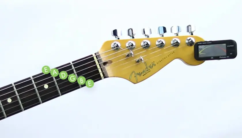 Accordatura chitarra: le note E, A, D, G, B, E evidenziate sul manico, con accordatore elettronico agganciato alla paletta.