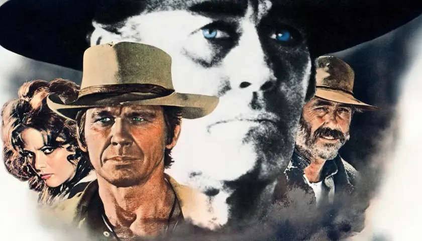 Volti di un western epico, con un uomo dallo sguardo intenso, una donna misteriosa e un anziano barbuto. Evoca le canzoni western famose.