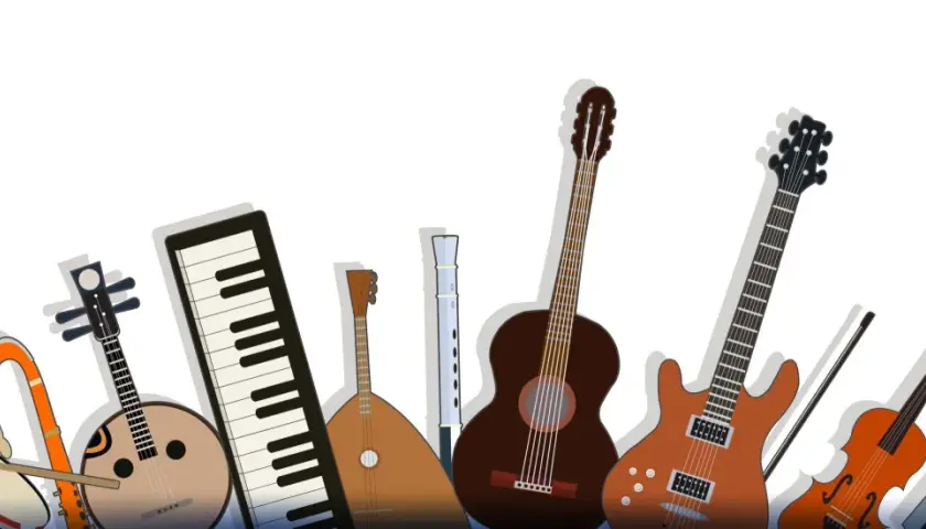 Una varietà di strumenti musicali, tra cui chitarre, tastiere e violini, perfetti per chi cerca strumenti facili da suonare.