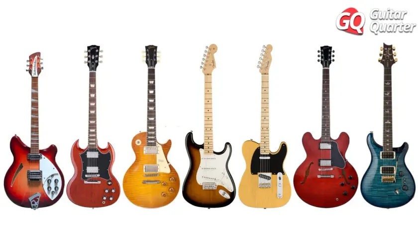 Seven iconic electric guitars in various colors and styles, lined up against a white background.