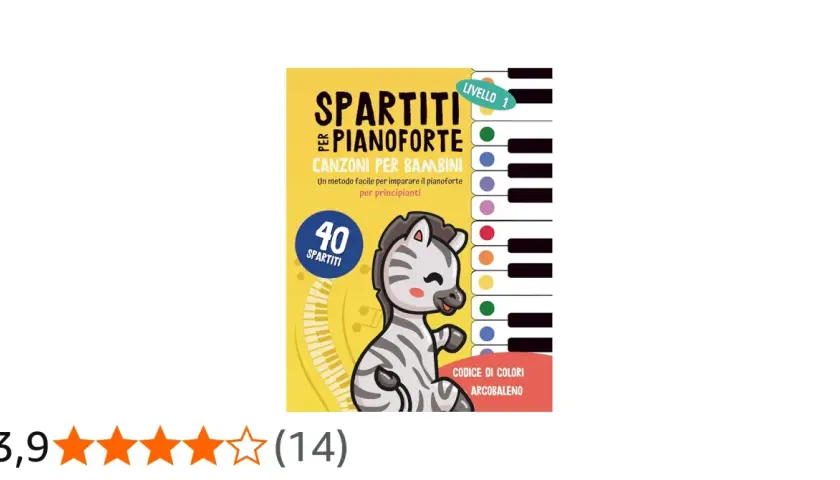Spartiti per pianoforte con canzoni per bambini, un metodo facile con note musicali colorate e una simpatica zebra. Livello 1.