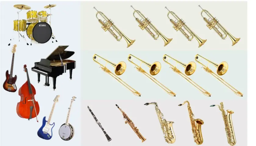 Una collezione di strumenti musicali, tra cui trombe, tromboni, sassofoni, clarinetto, pianoforte, contrabbasso, chitarra e banjo, perfetti per creare musica jazz.