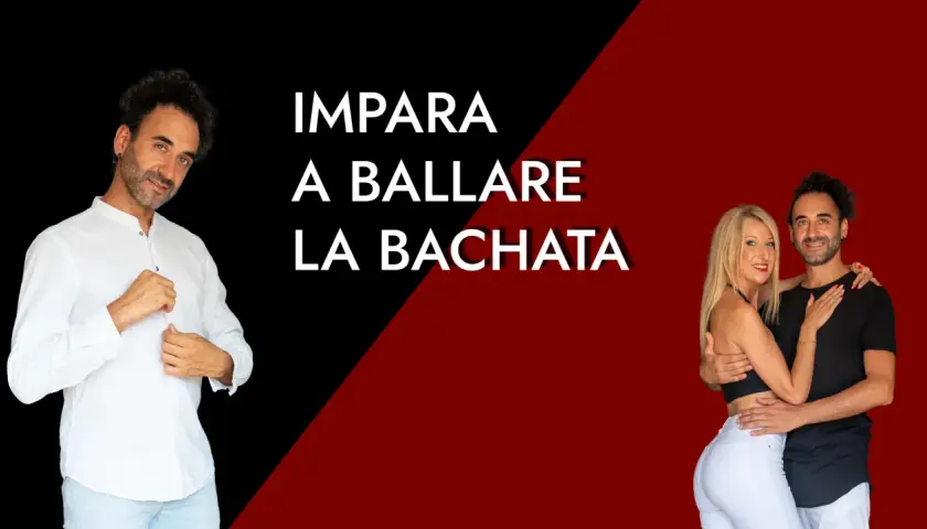 Impara a ballare la bachata con questa coppia. Un uomo in bianco a sinistra, una coppia in abbraccio a destra.