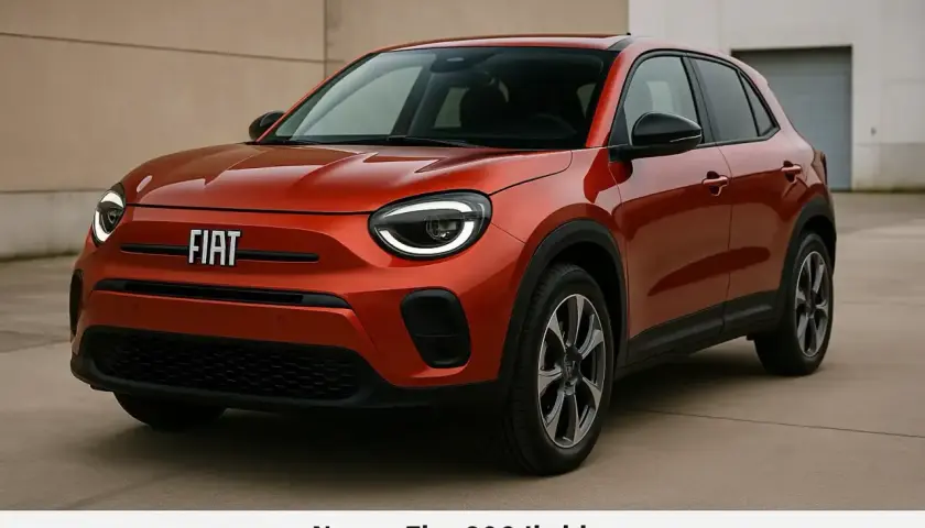 Nuova Fiat 600 Ibrida, un'auto **modern contemporary** dal design audace e accattivante, con linee fluide e un colore arancio vibrante.