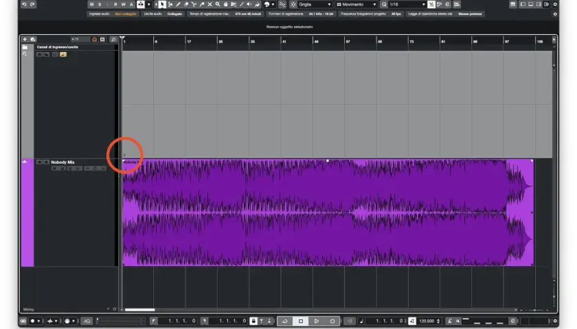 Schermata di Cubase Pro con una traccia audio viola. Utile per capire la tonalità di un brano.