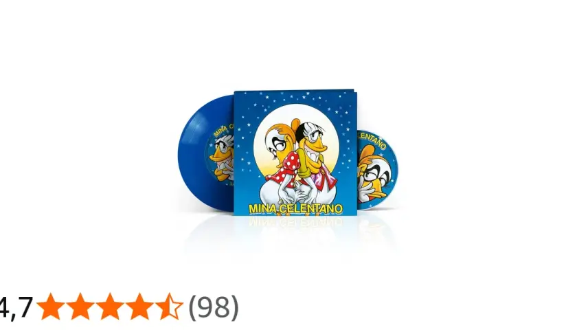 Dischi blu con copertina di Mina Celentano, un duo di paperi animati. Un'opera che sa di mina, acqua e sale, con un tocco di nostalgia.