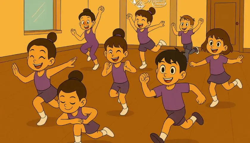 Bambini felici in un corso di danza per bambini, con braccia e gambe in movimento, sorrisi gioiosi e un'energia contagiosa.