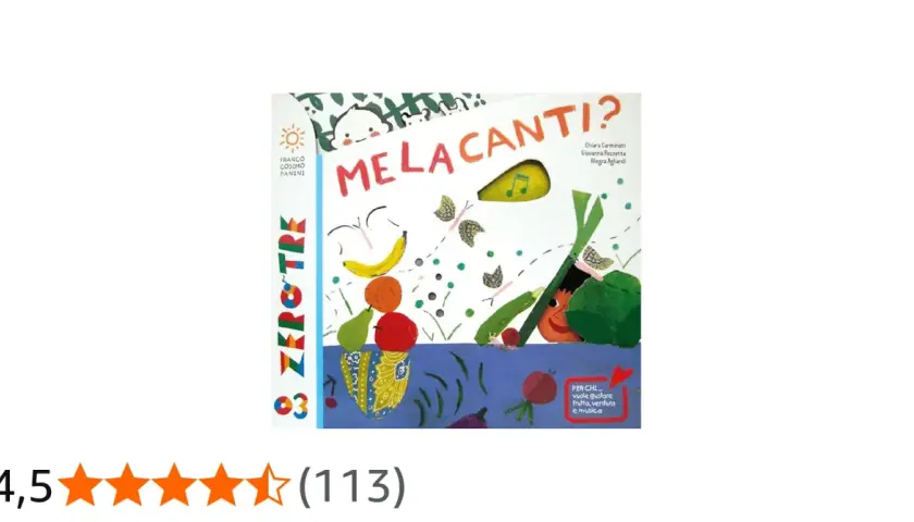 Copertina colorata di "Melacanti?", un libro con frutta, verdura e note musicali, perfetto per chi ama le canzoni orecchiabili e la natura.
