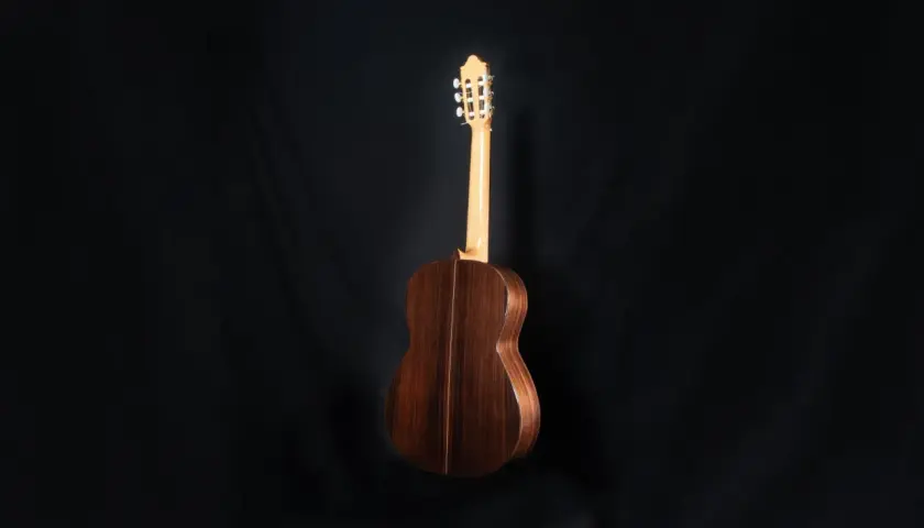 Chitarra classica in legno scuro, con manico chiaro e meccaniche dorate. Evoca le melodie di Francisco Tárrega.