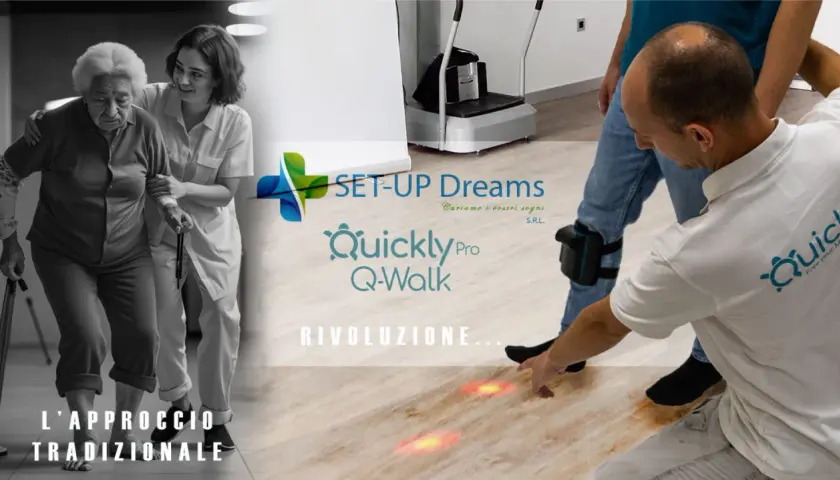 Assistenza a un anziano con bastone, mentre un terapista guida i passi base con un sistema Q-Walk.