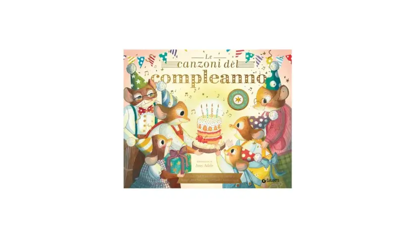 A family of mice celebrates a birthday with a cake, gifts, and party hats.