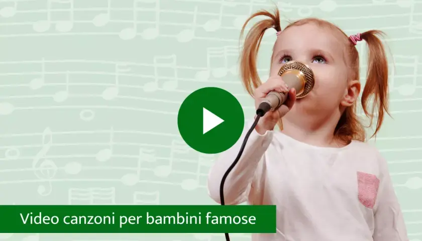 Bambina con microfono canta canzoni facili per bambini. Sfondo con note musicali.