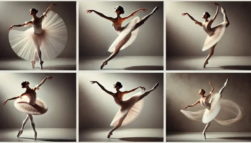 Sei ballerine in pose eleganti, che eseguono passi di danza famosi con grazia e leggerezza.