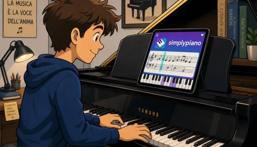 Ragazzo impara a suonare il pianoforte con un'app. Nonostante la difficoltà, la musica è la voce dell'anima.