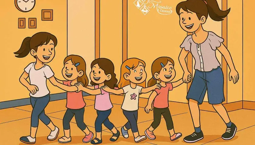 Un gruppo di bambine felici, guidate da una maestra, si esercita nella danza hip hop in una sala luminosa.