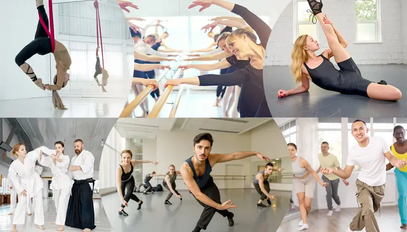 Un collage di immagini mostra diverse discipline: danza aerea, balletto, arti marziali e danza moderna. Perfetto per chi cerca corsi di ballo per adulti.