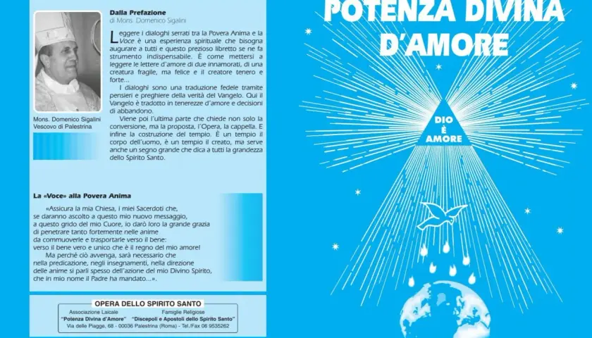 Immagine con testo "Potenza Divina d'Amore" e un disegno stilizzato. Il testo parla di dialoghi spirituali, come canzoni in 5/4, che portano alla grandezza dello Spirito Santo.
